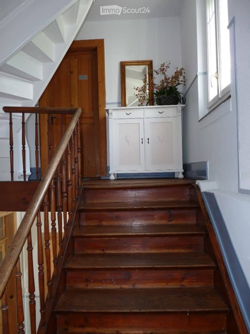 Wooden staircase with a handrail, a white cabinet, a mirror, and a small plant on the landing.