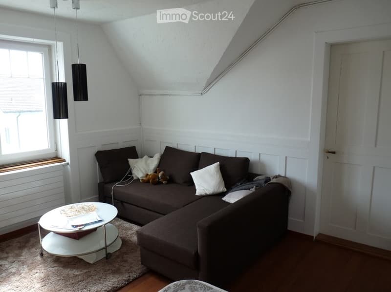 Living room with a dark brown sectional sofa, white throw pillows, a white coffee table, and a small stuffed toy on the sofa. The room has wooden flooring and white walls.