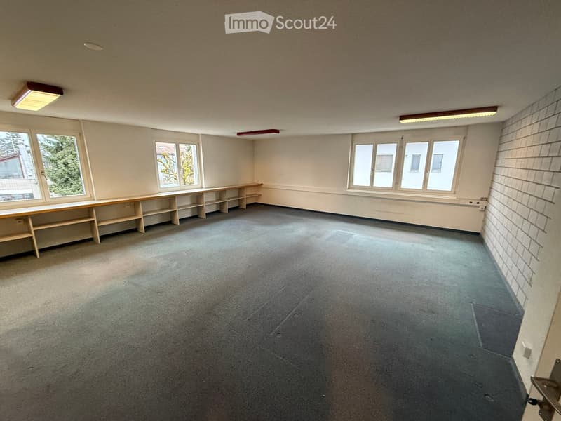 empty room, carpeted floor, white walls, three windows, built-in wooden shelves, recessed ceiling lights