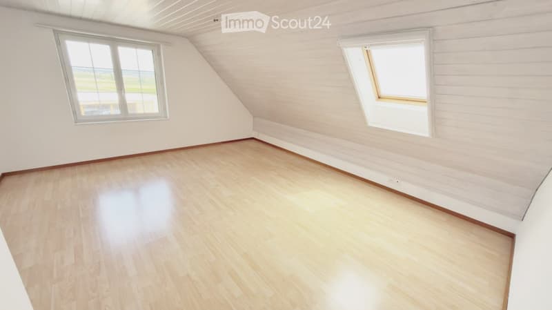 Empty attic room with wooden flooring, white walls, and two windows, one of which is a skylight. The room has a sloped ceiling with exposed wooden beams.