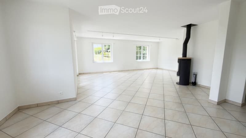 Empty room with white walls, tiled floor, and two windows. A wood-burning stove is present but no furniture.