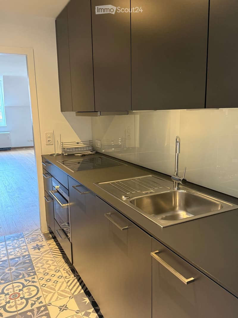 Modern kitchen with stainless steel sink, faucet, stove, and grey cabinets. The floor features a decorative tile pattern.