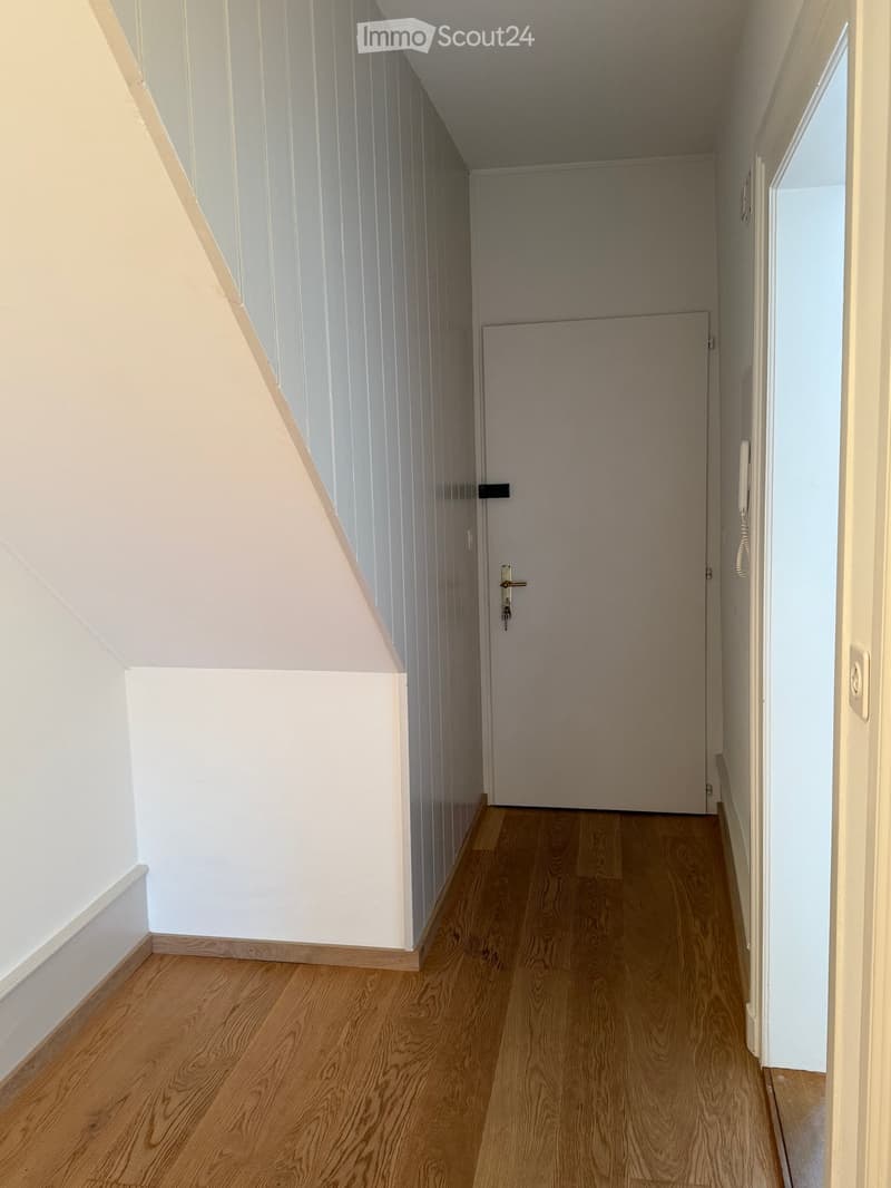 A narrow hallway with wooden flooring, white walls, and a closed door at the end.
