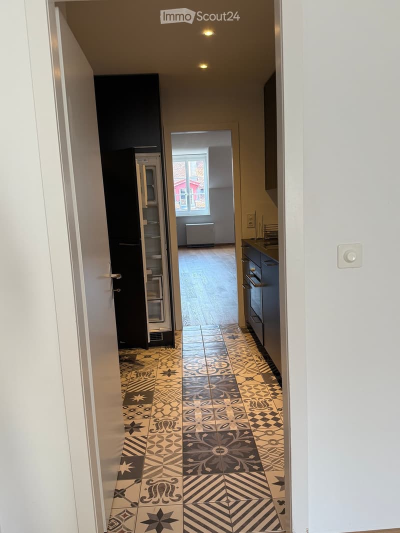 Hallway with patterned tiles, leading to a kitchen area with dark cabinets and a refrigerator. The hallway has recessed lighting and white walls.