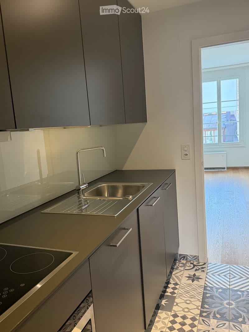 Modern kitchen with grey cabinets, stainless steel sink, induction cooktop, and patterned tile flooring.