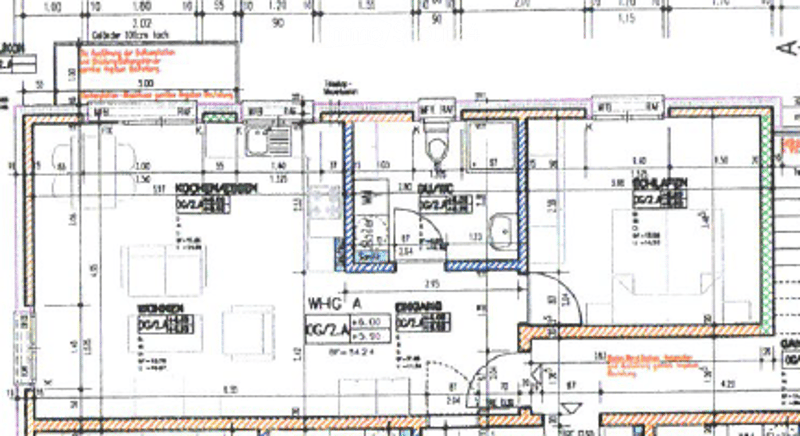 Floor plan of a residential building with multiple rooms including living room, kitchen, bedrooms, bathrooms, and utility areas.