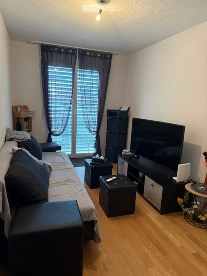 Modern living room with a grey sofa, ottoman, coffee table, TV stand, laptop, and flower pot. The room features wooden flooring, large windows with blinds and curtains, and a small fireplace on the left side.