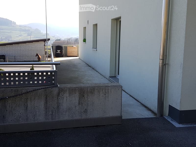 Balcony with metal railing, overlooking a rural landscape with a stable and horses in the background.