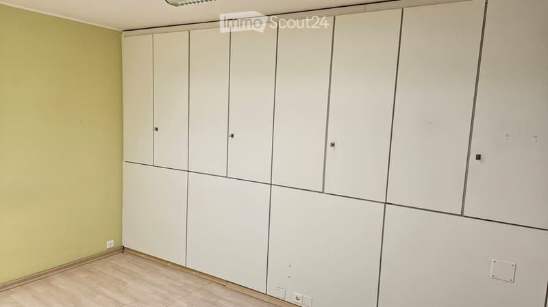 Empty room with light green walls, wooden flooring, and built-in white cabinets covering one wall.