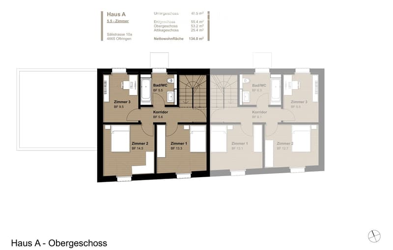 Floor plan of Haus A, showing 5.5 rooms, including bedrooms, bathrooms, and corridors on the upper floor.
