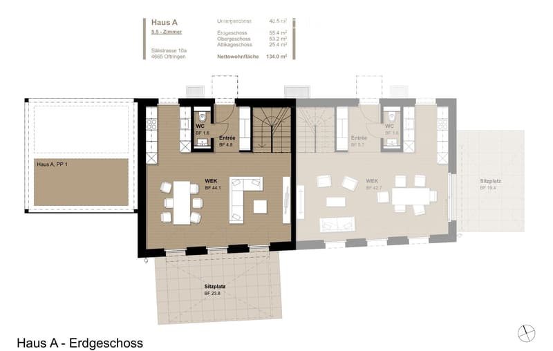 Floor plan of Haus A, Erdgeschoss, showing two dining areas (WEK), two bathrooms (WC), two entrances, and seating areas.