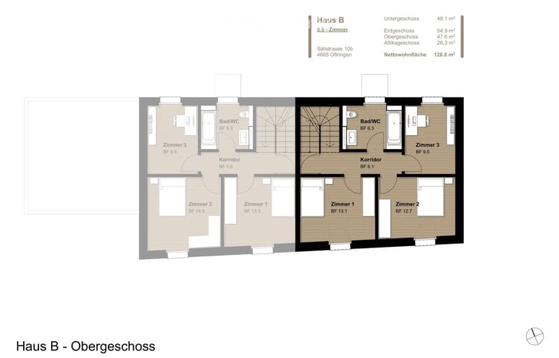 Floor plan of Haus B - Obergeschoss, showing 5.5 rooms including two bathrooms, three bedrooms, and two corridors.