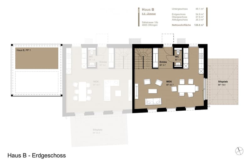 Floor plan of Haus B, Erdgeschoss (ground floor), showing living area, dining area, kitchen, entrance, and bathrooms.