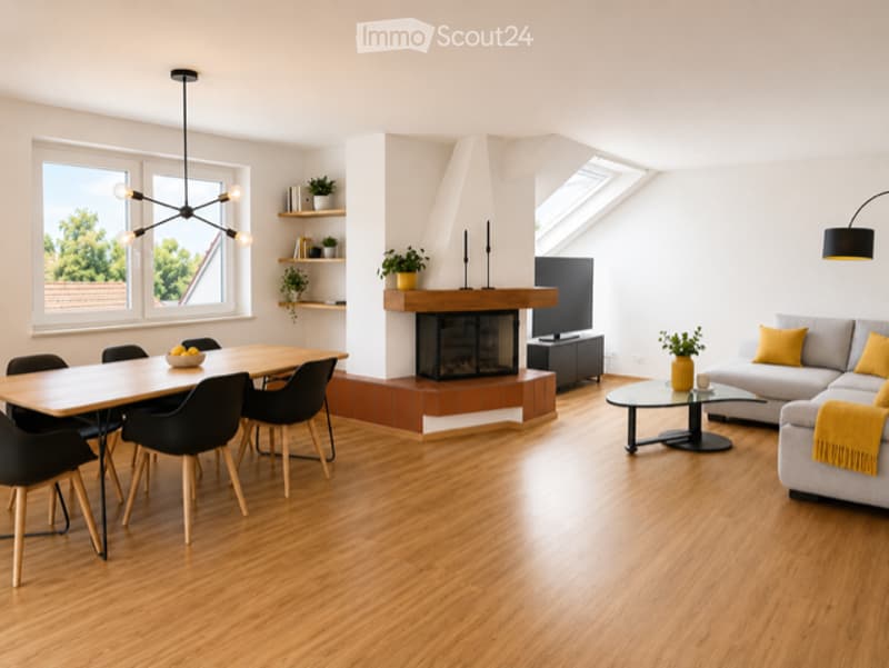 Open-plan living and dining area with hardwood flooring, fireplace, sofa, coffee table, dining table with chairs, and modern lighting.