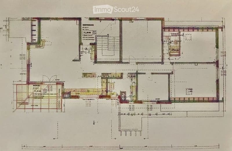 Floor plan of a multi-room residential space, including living room, dining room, kitchen, bedrooms, bathrooms, and utility areas.