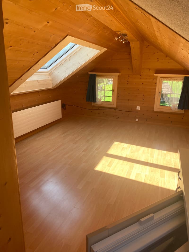 Empty attic room with wooden walls and floors, skylight windows, and natural lighting.