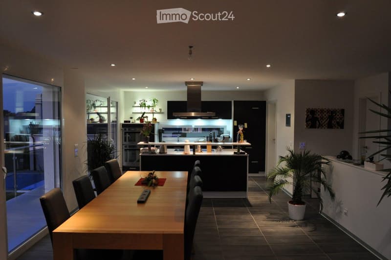 modern kitchen with dining area, large windows, balcony, plants, tiled floor