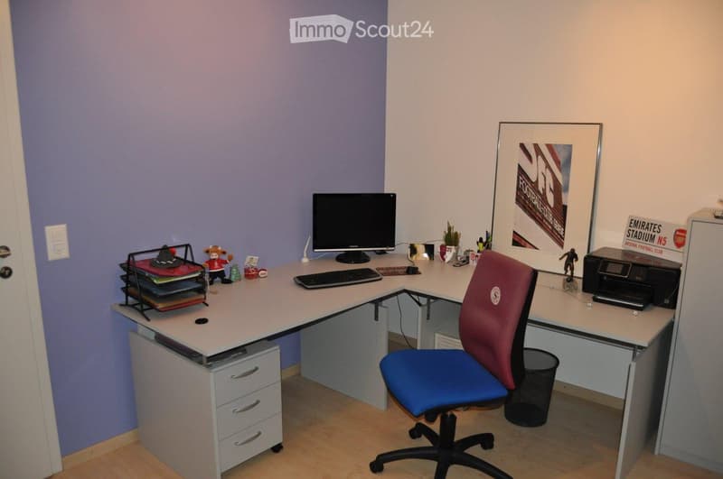 L-shaped desk, computer monitor, keyboard, mouse, printer, office chair, drawers, trash bin, framed picture, plant, toys, power outlet, door