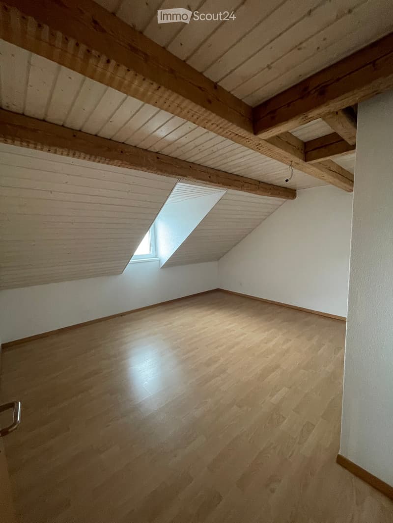 Empty attic space with wooden beams, exposed wooden ceiling, and a skylight window letting in natural light.