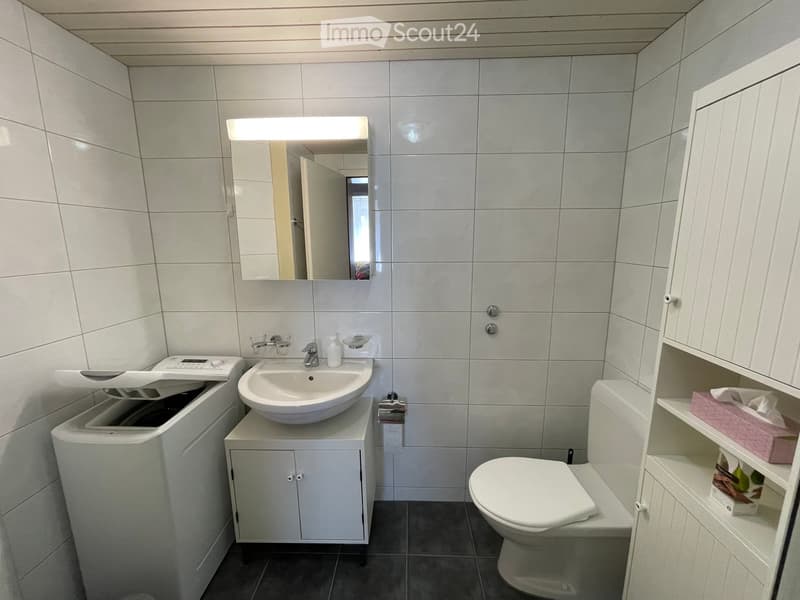 Modern bathroom with white tiles, a sink, toilet, mirror, and built-in cabinets.