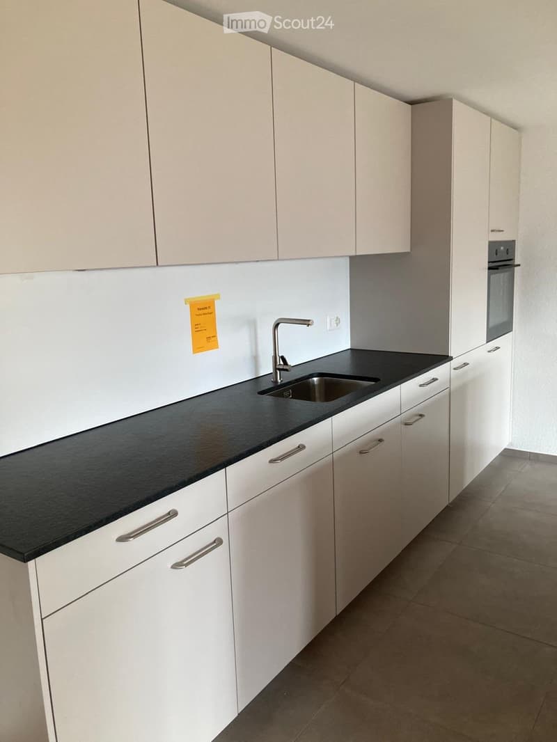 Modern kitchen with white cabinets, black countertop, stainless steel sink, and built-in oven.