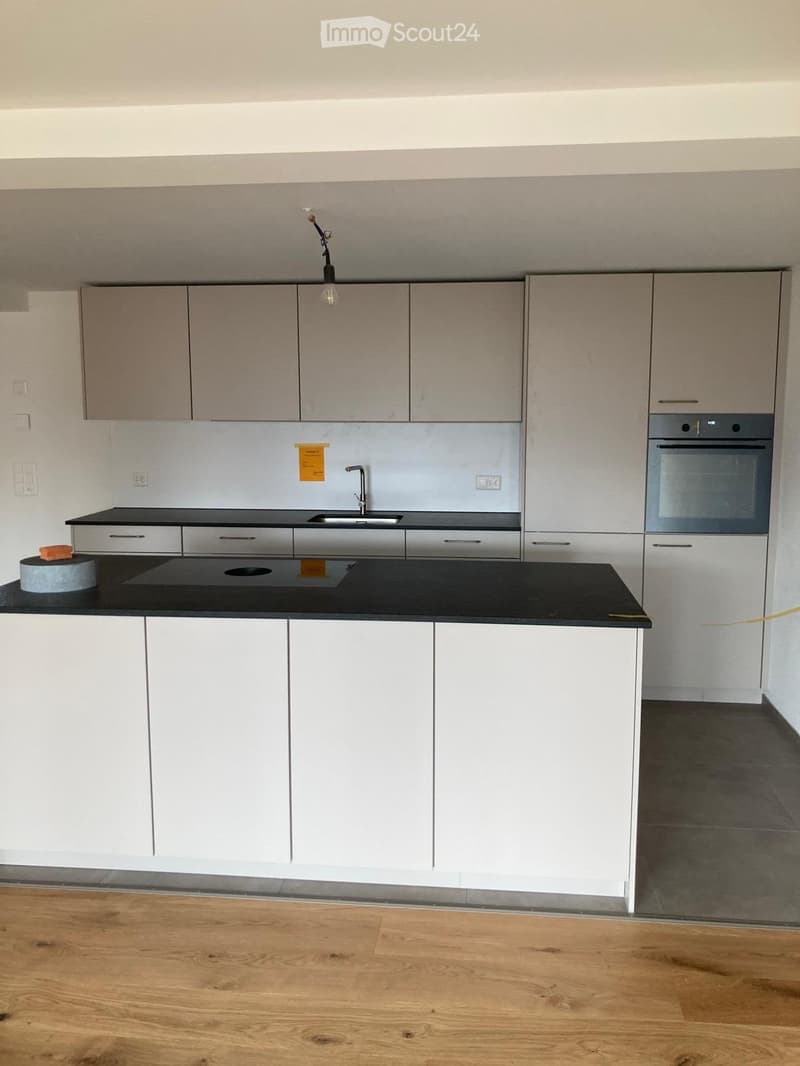 Modern kitchen with white cabinets, black countertop, induction cooktop, sink, and built-in oven. Wooden flooring and pendant light visible.
