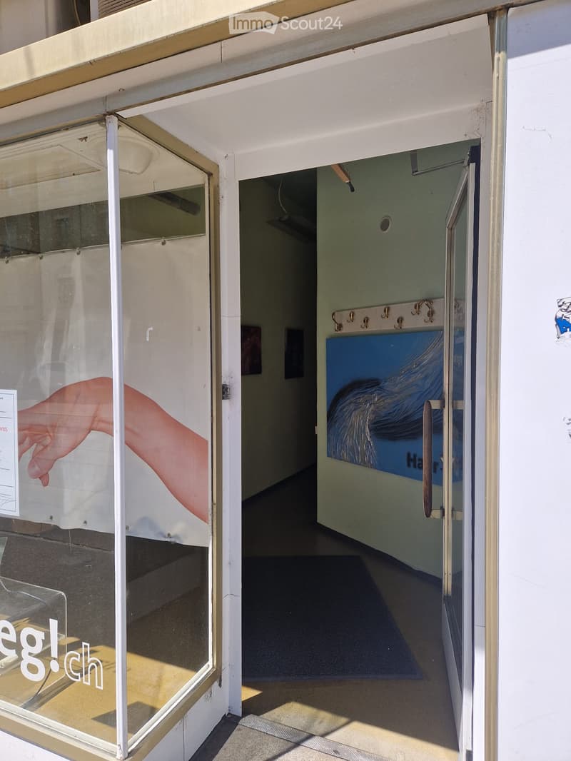 Empty room visible through a glass door, with a coat rack and a blue poster on the wall inside.