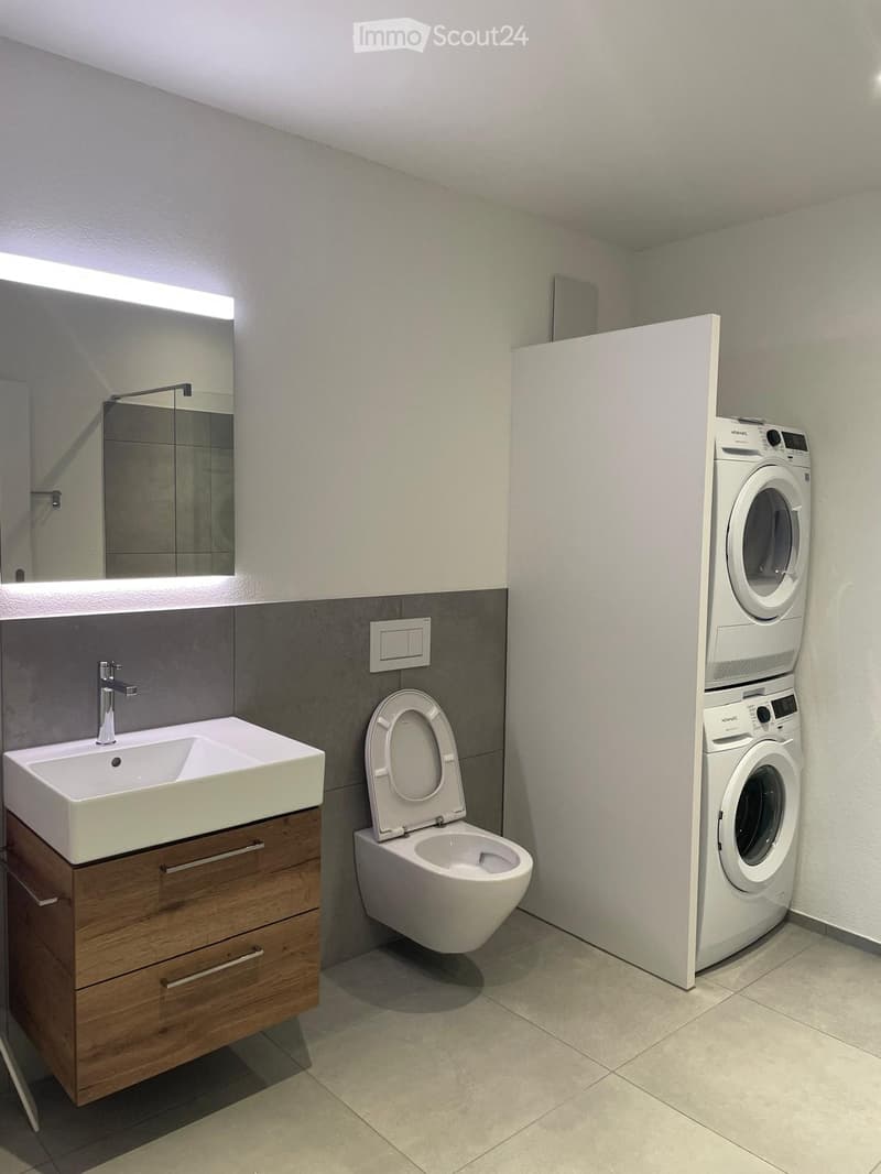 Modern bathroom with a white sink, toilet, mirror, and a stacked washer/dryer unit.