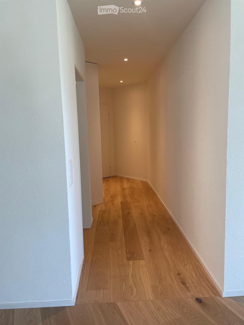 Empty hallway with light wooden flooring and white walls, featuring recessed ceiling lights and a visible electrical outlet on the left wall.