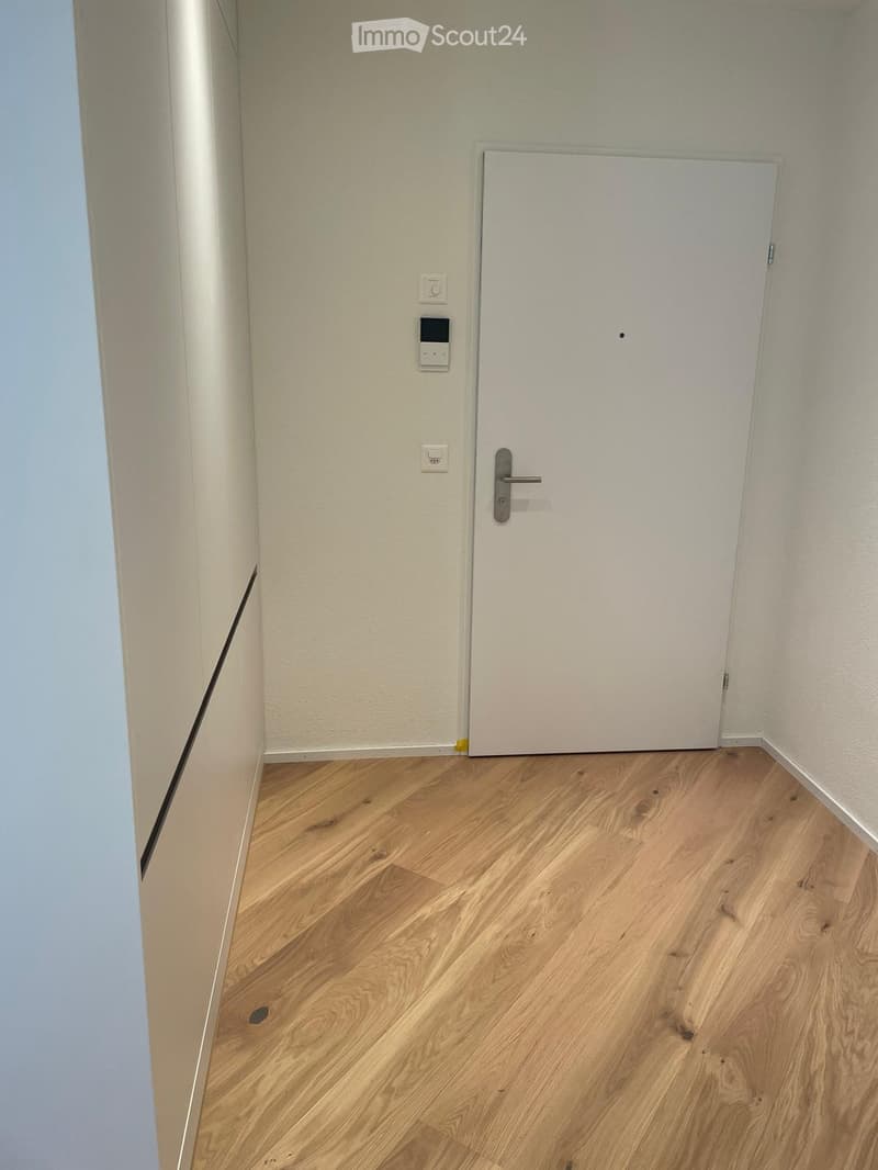 Empty hallway with light wooden flooring and white walls, featuring a closed white door and electrical outlets.