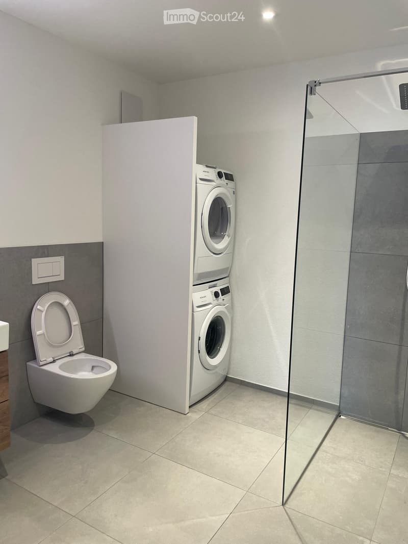Modern bathroom with a toilet, washing machine, and a glass-enclosed shower area.