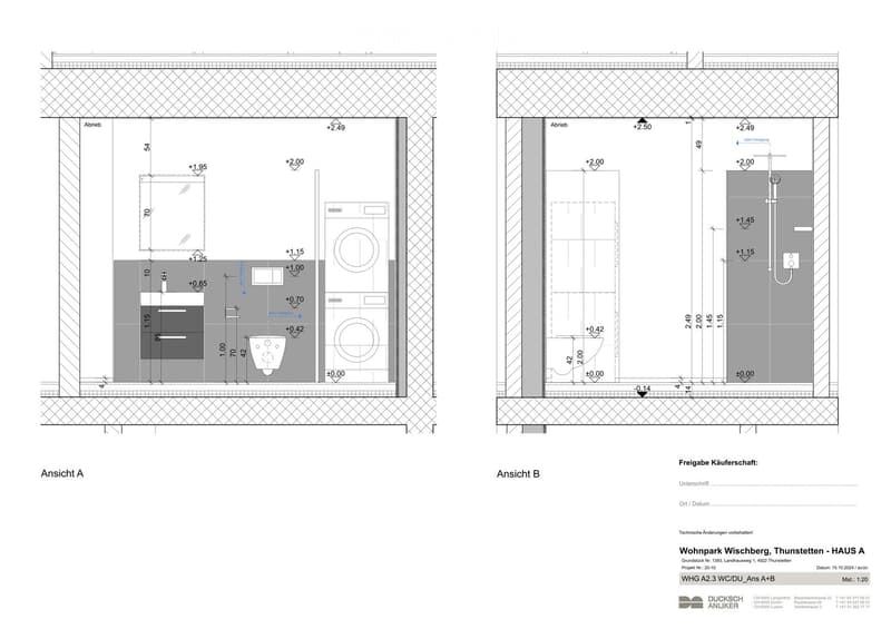 Floor plan of a bathroom with two views (A and B). Includes toilet, sink, shower, and bathtub with dimensions and elevations.