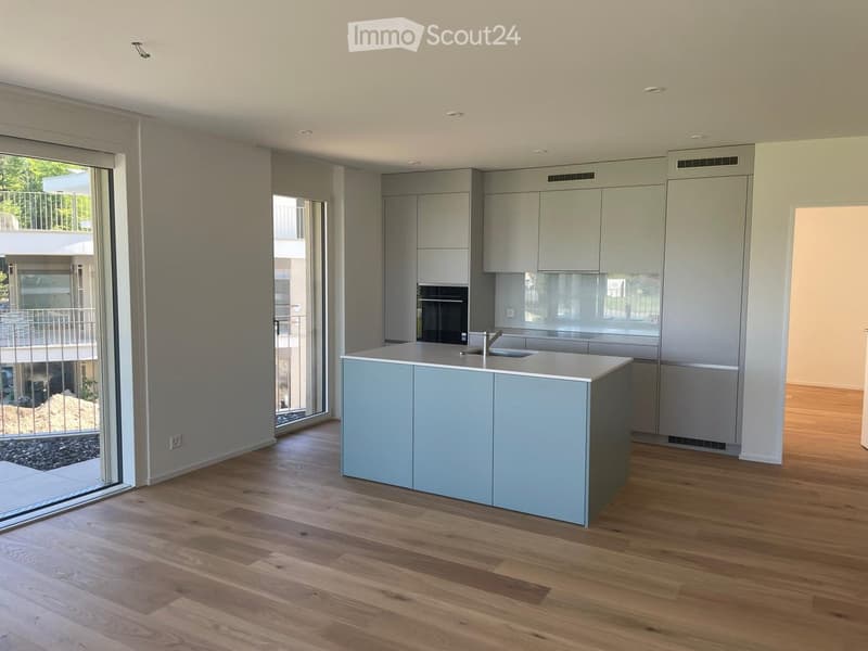 Modern kitchen with light grey cabinets, a central island, and wooden flooring. Features a sink and faucet, with large windows and sliding glass doors leading to a balcony.