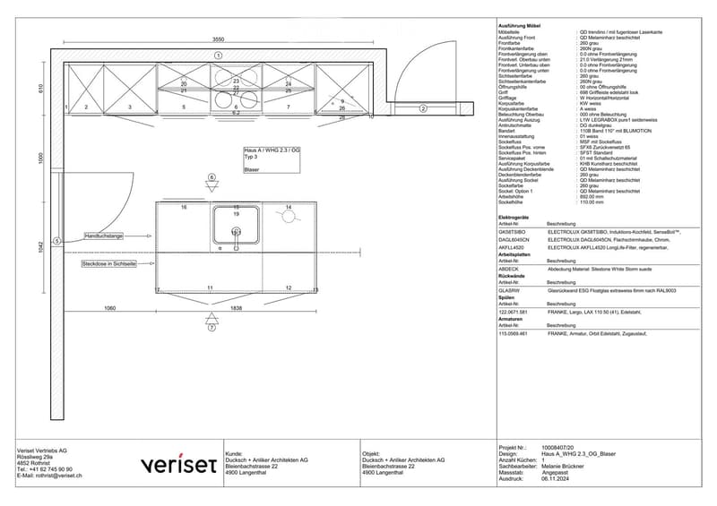 Floor plan of a kitchen area with labeled dimensions, cabinetry, and appliance specifications. Includes details on materials, colors, and technical specifications.