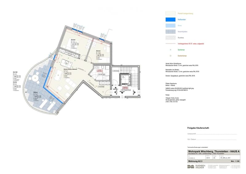 Floor plan of a residential unit labeled A2.3, showing layout with rooms, entrance, balcony, and technical details. Includes kitchen, living/dining area, bedrooms, bathrooms, and a balcony.