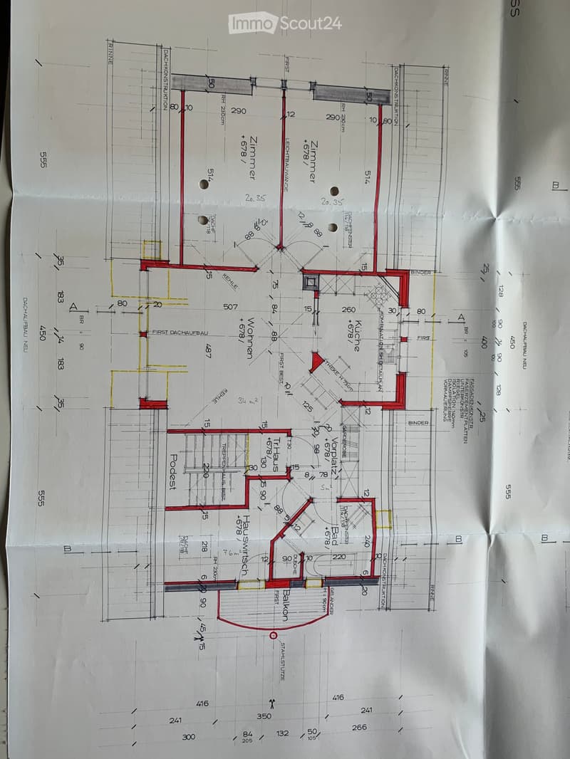 Floor plan of a multi-level building with labeled rooms, dimensions, and structural elements. Includes living spaces, bedrooms, bathrooms, and a balcony.