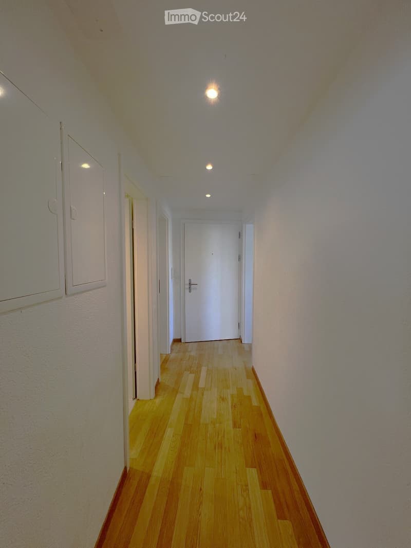A narrow hallway with wooden flooring, white walls, and several doors leading to different rooms.