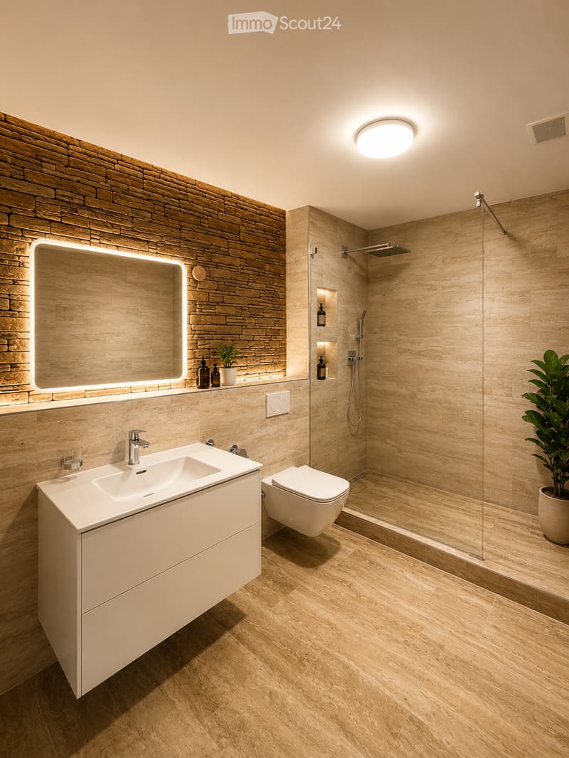 Modern bathroom with a white sink, toilet, and shower area. Features a brick accent wall, a large illuminated mirror, and a potted plant in the corner.