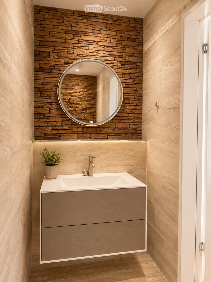 Modern bathroom with a stone accent wall, a round mirror, a white sink with a wooden cabinet, and a small potted plant on the counter.