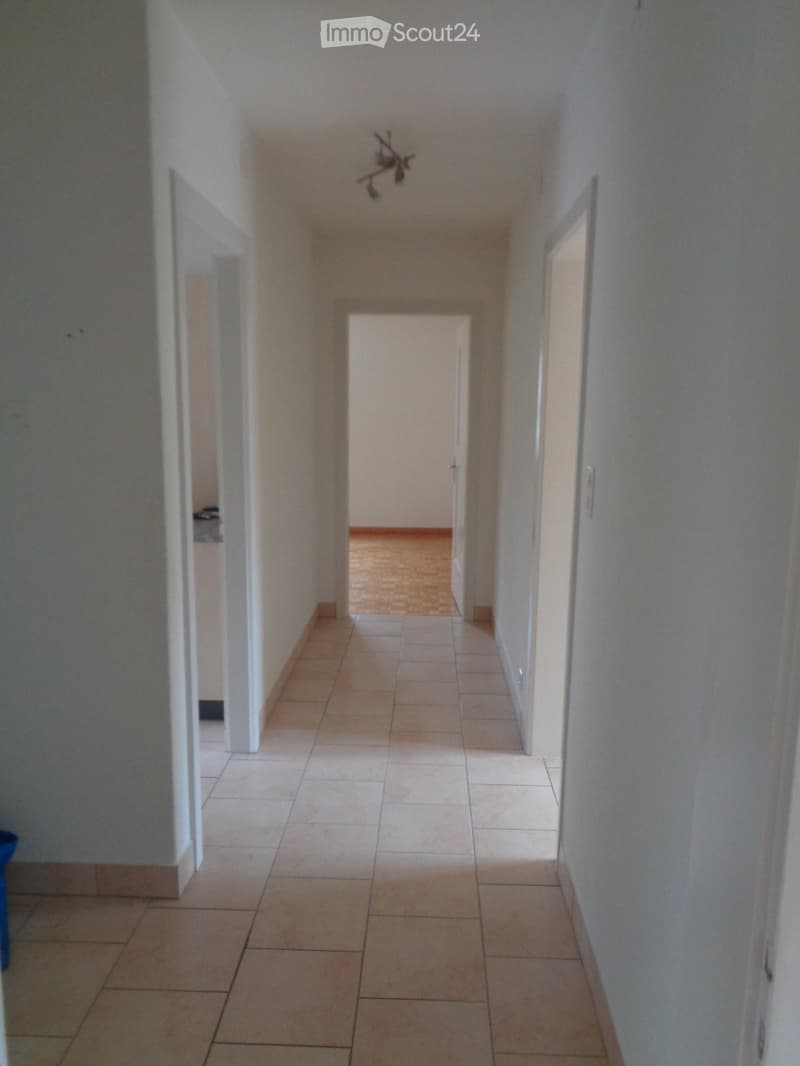 white walls, beige tiles, ceiling light fixture, doors to rooms, open space
