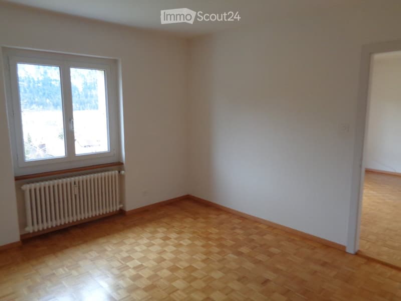 empty room, white walls, wooden floor, white radiator, double window