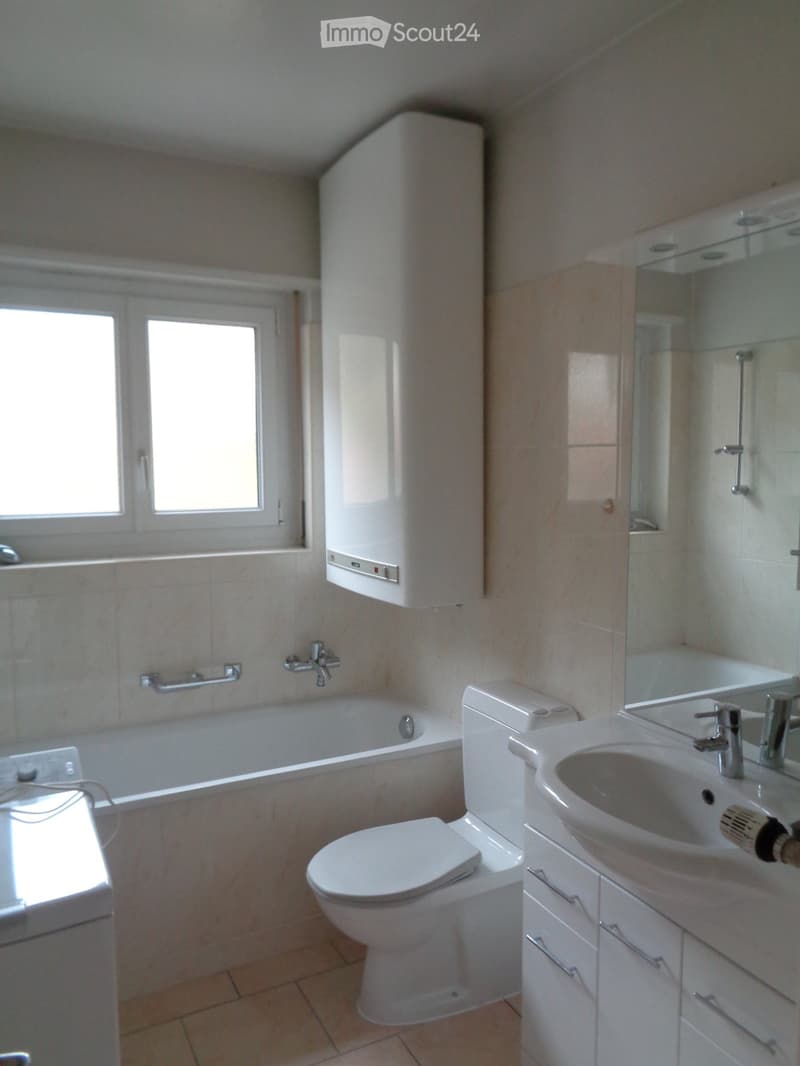 white bathtub, white toilet, white sink, white cabinets, mirror, radiator, tiles on walls and floor