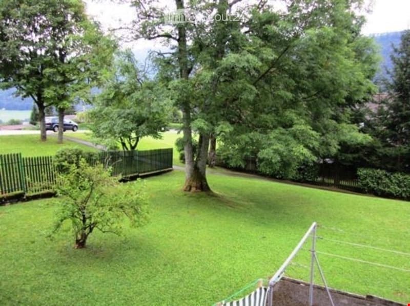 Well-maintained grassy lawn, a tree, a wooden swing, a wooden fence, a road, a car