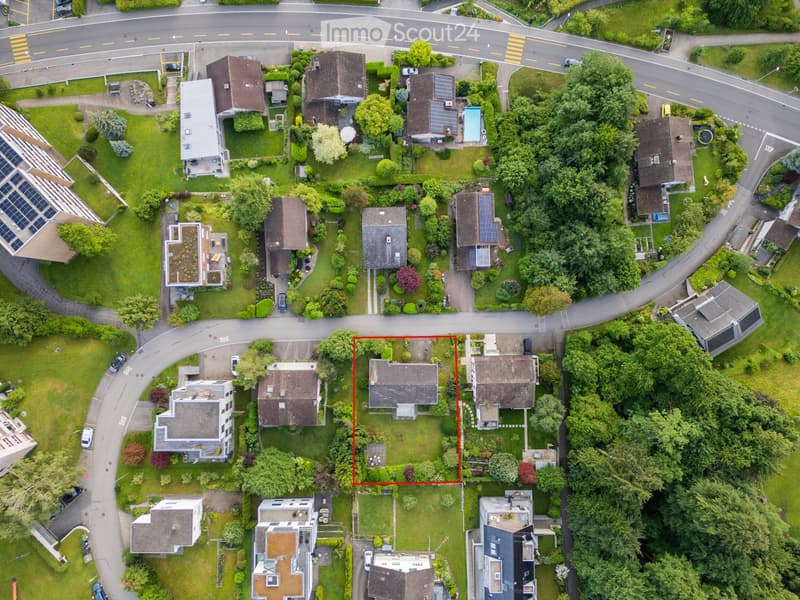 Aerial view of a residential neighborhood with multiple houses, green lawns, trees, and a road running through the area.