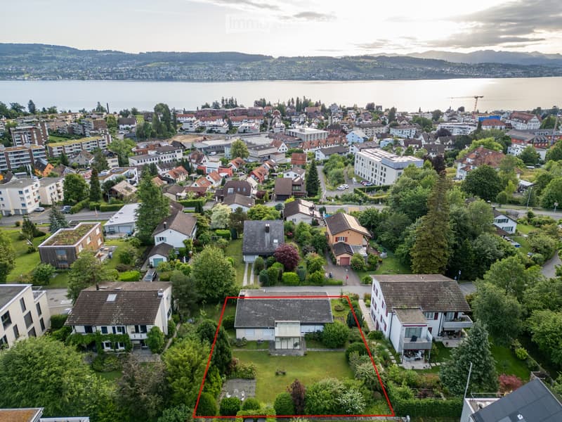 Aerial view of a suburban neighborhood with multiple houses, trees, and a lake in the background.