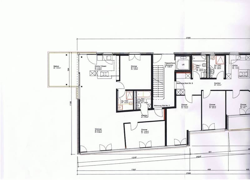 Floor plan showing two apartments with labeled rooms including living room, kitchen, bedrooms, bathrooms, and a balcony.