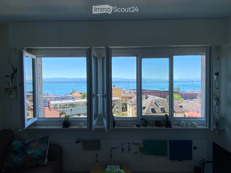 Bright living room with large windows offering a scenic view of the city and water. Features a sofa, small table, and potted plants on the windowsill.
