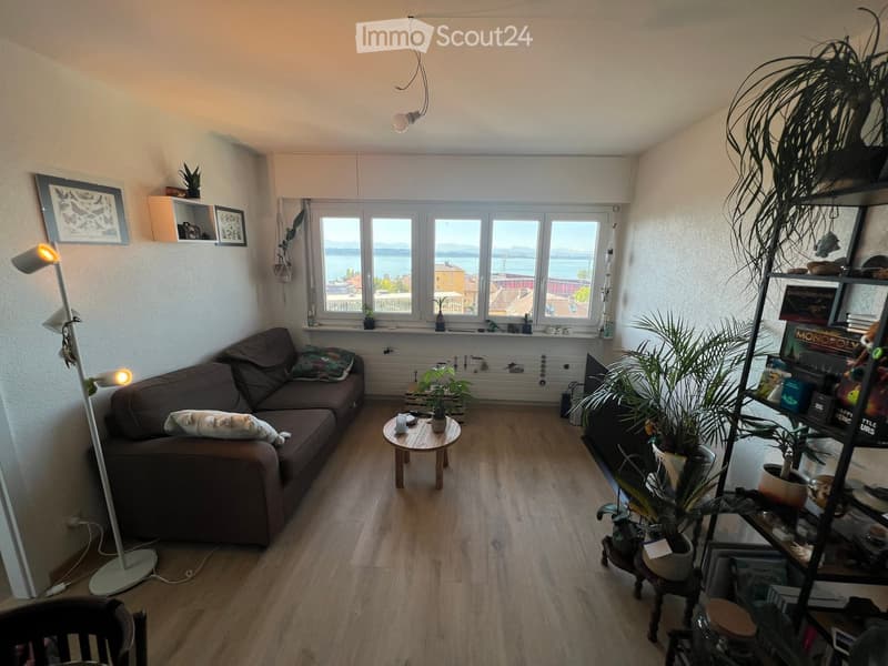 Modern living room with large windows offering a scenic view, featuring a brown sectional sofa, a small wooden coffee table, a floor lamp, a tall shelving unit with books and plants, and decorative picture frames on the wall.