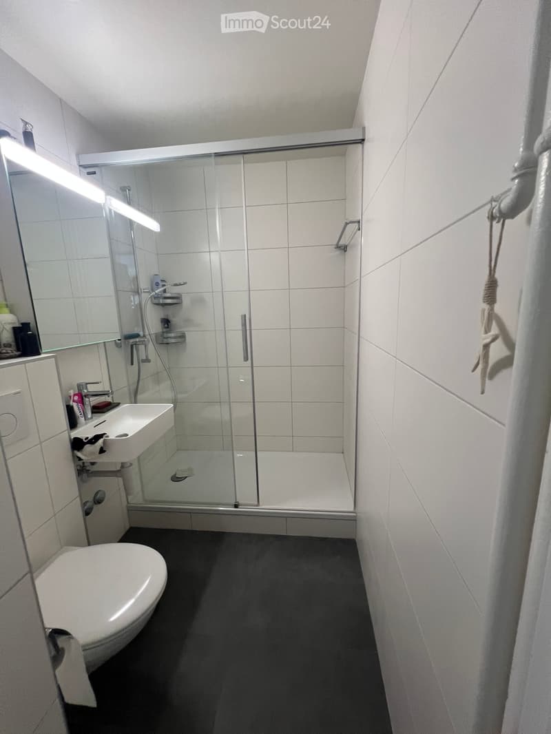Modern bathroom with white tiles, a glass-enclosed shower, a toilet, a sink with a mirror, and a towel hanging on the wall.