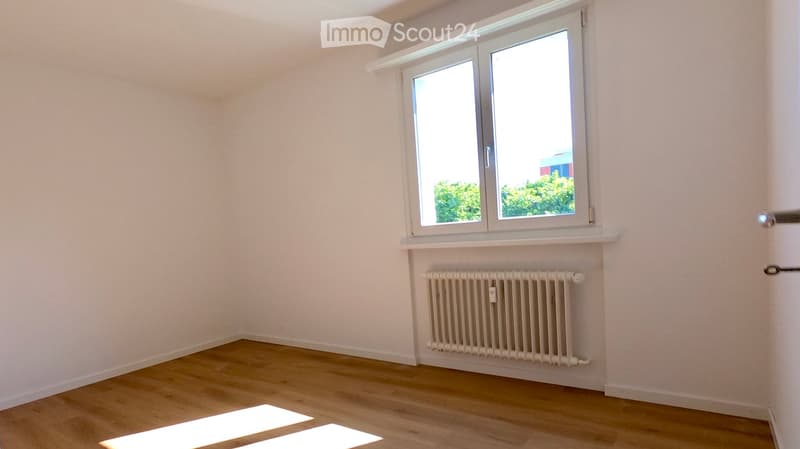 Empty room with light wooden flooring, white walls, a window with white frame, and a radiator below the window.